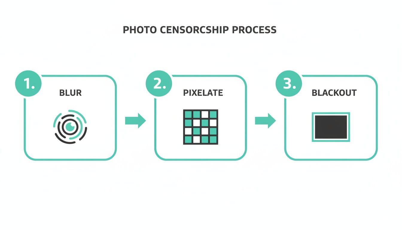 Diagram illustrating blur, pixelate, and blackout methods for photo censorship.
